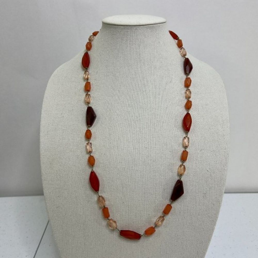 Monet Beaded Necklace Orange Red Plastic Long Pink Vintage Faceted‎